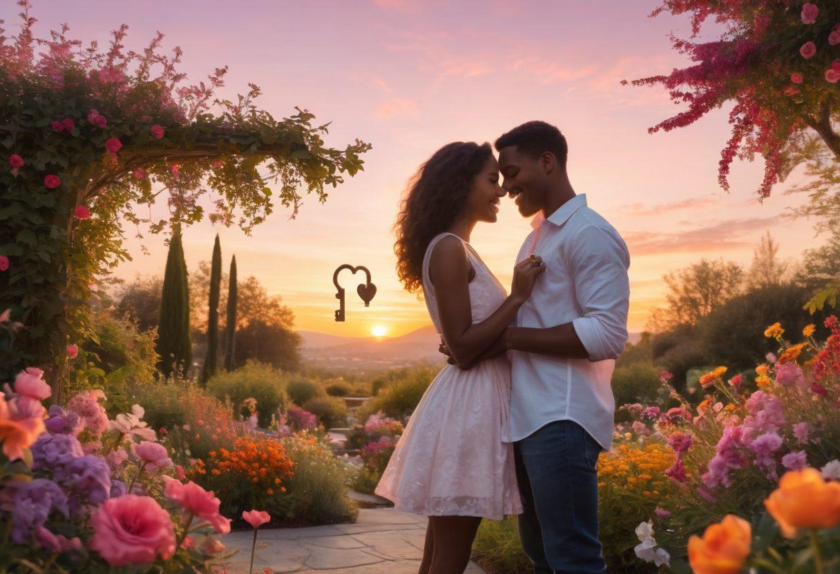 A heart shaped key unlocking a vibrant garden filled with blooming flowers symbolizing love, with a subtle light illuminating the scene. Silhouettes of diverse couples laughing and sharing moments in the background. Soft pastel colors blend into a warm sunset sky, evoking feelings of intimacy and connection. surrealistic. vibrant colors.
