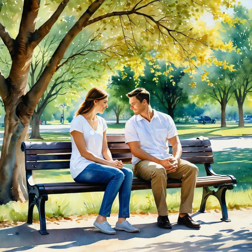 A picturesque scene of a couple sitting on a park bench, engaged in a heartfelt conversation, with soft glowing hearts surrounding them symbolizing emotional connection. In the background, blossoming trees and gentle sunlight filtering through the leaves enhance the warm atmosphere. The couple's expressions radiate empathy and understanding, showcasing the essence of emotional intelligence. watercolor painting. warm tones. intimate setting.