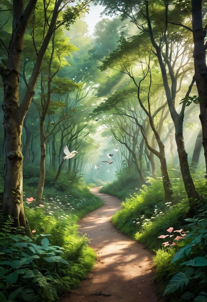 A serene landscape featuring a winding path through a lush forest, symbolizing the journey to find a soulmate. Along the path, ethereal figures representing personal growth and love strategies, holding hands and exchanging ideas. Soft, magical light filters through the trees, adding an element of hope and warmth. Include subtle symbols of love, like hearts and doves, scattered throughout. vibrant colors. painterly style.